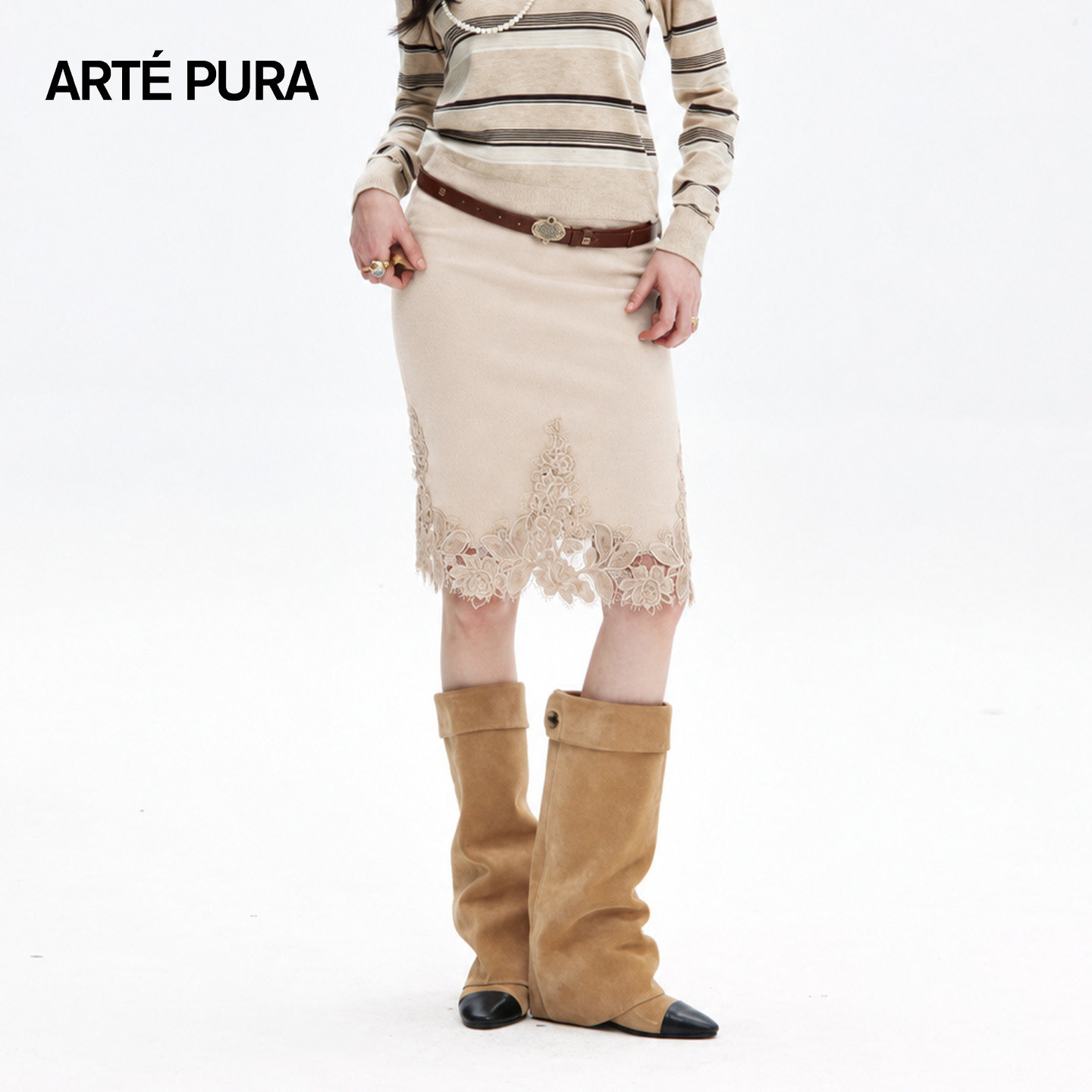 ARTE PURA2026秋冬新款米杏雪尼尔丝绒半裙女蕾丝花边气质中长裙