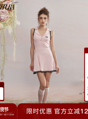 ARTE PURA粉色压褶无袖polo针织连衣裙女高球千金高尔夫穿搭新款