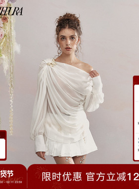 【包上恩同款】ARTE PURA春秋白色雪纺荡褶落肩上衣气质长袖衬衫