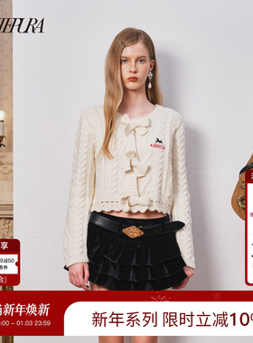 ARTE PURA25秋冬新款奶白色立体羊毛蝴蝶结绞花毛衣本命年针织衫