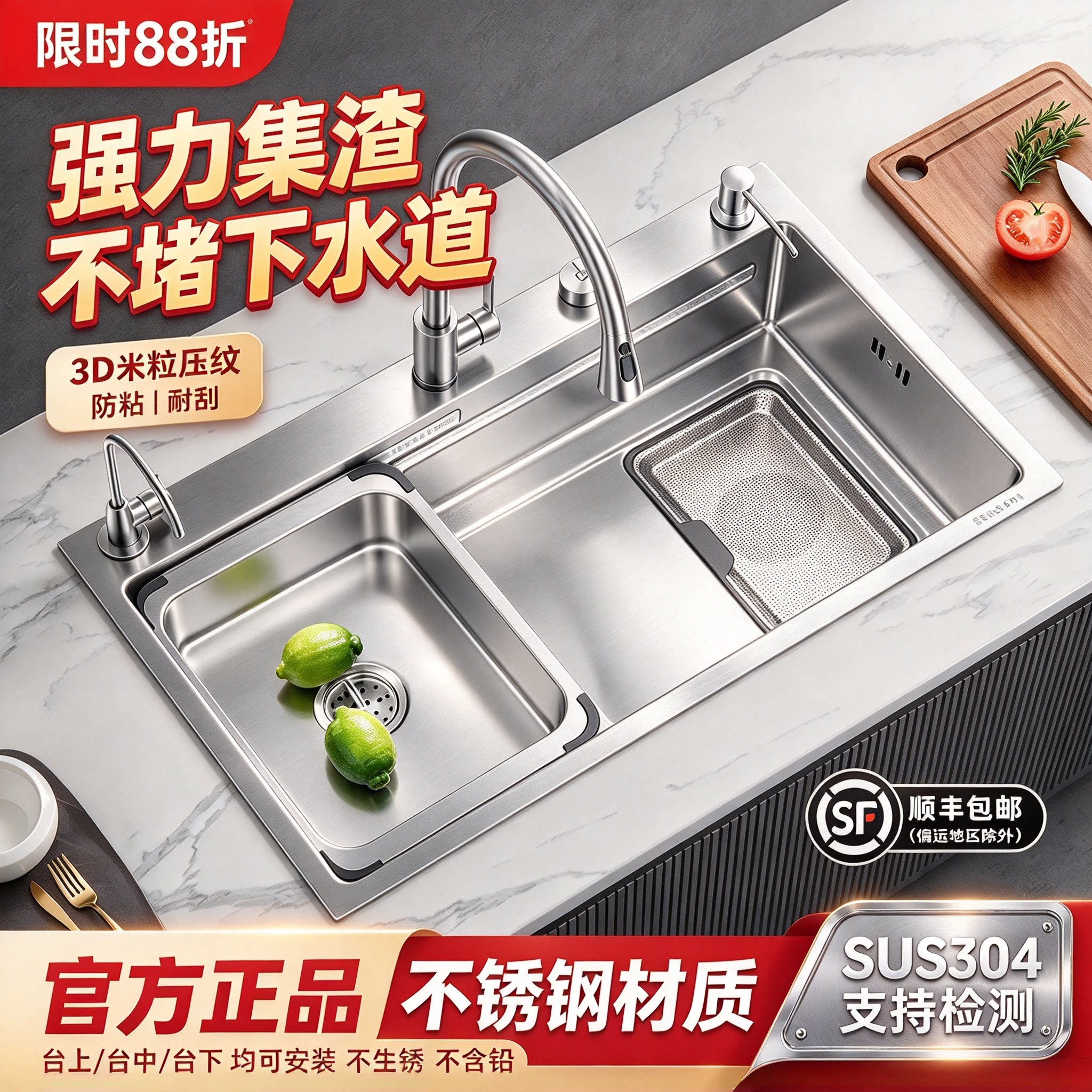 304不锈钢大单槽家用洗菜盆
