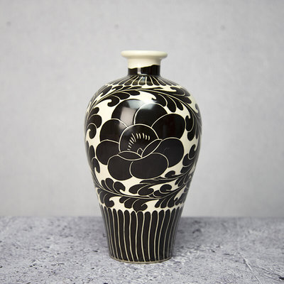 大家陶艺安氏磁州窑瓷器花瓶摆件陶瓷仿古黑剔花工艺中式装饰