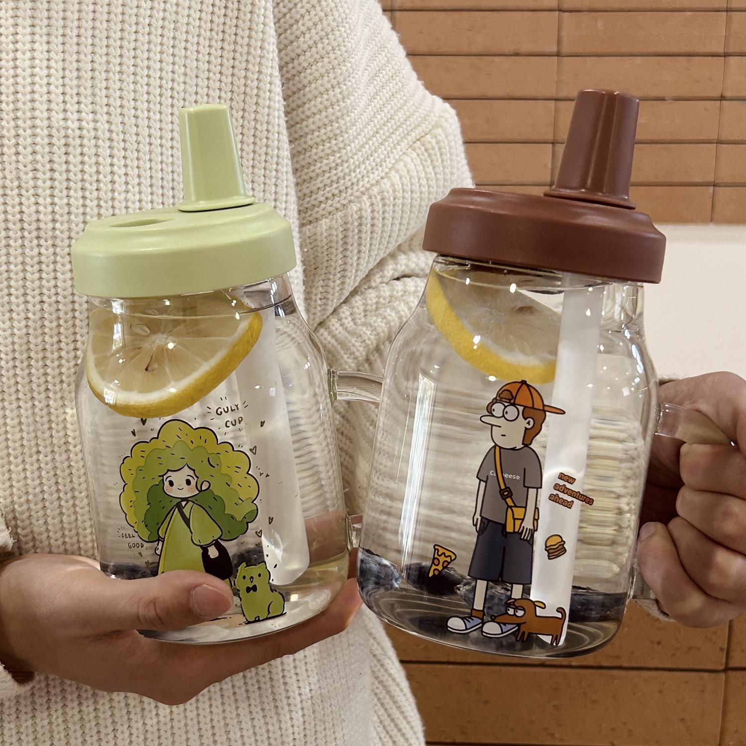 女生吸管玻璃杯大容量1000ml森系奶茶杯带手柄办公室耐高温水杯子