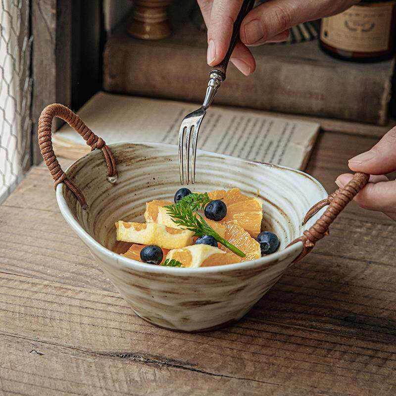 巷子尾〖稀奇古怪〗手工粗陶6英寸双耳碗复古麻绳水果沙拉碗微瑕