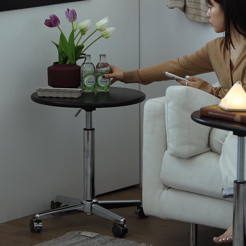 北欧实木可升降边几圆形椭圆洞石岩板沙发茶几床头置物角几小桌子