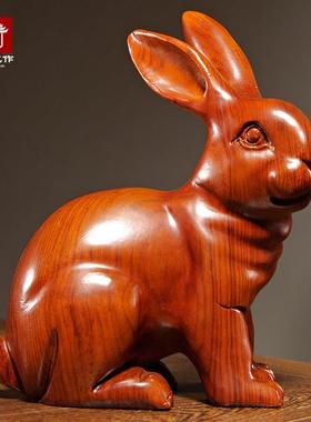木头小兔子摆件实木质雕十二生肖木制大耳朵兔子吉祥物装饰工艺品