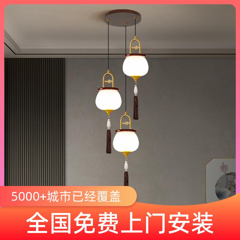 新中式3头餐厅餐桌吊灯实木圆形吧台玄关卧室床头中国风复古灯具