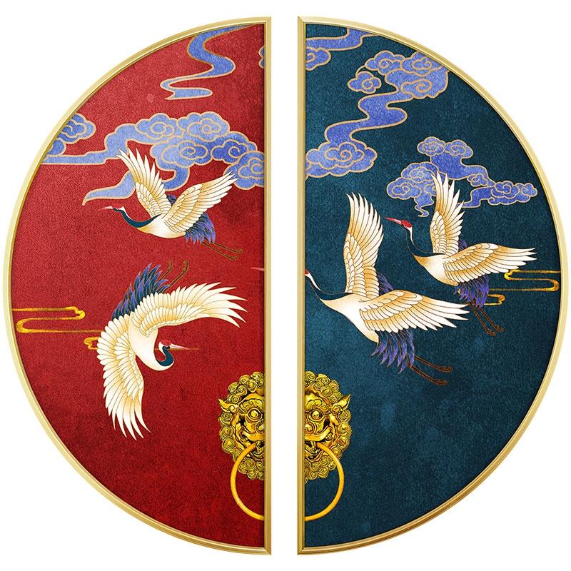 玄关中式 茶室书房圆形挂画装饰画客厅挂画大气 新玄关背景墙网红图片