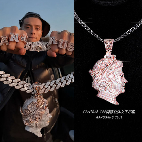 嘻哈街头玫瑰金女王头像吊坠项链