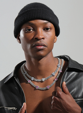 欧美街头嘻哈古巴链镶嵌满钻锆石爱心吊坠项链男女rapper配饰潮流