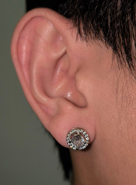 925纯银耳针ice同款男圆耳钉高级感嘻哈痞帅微镶锆石满钻轻奢耳饰