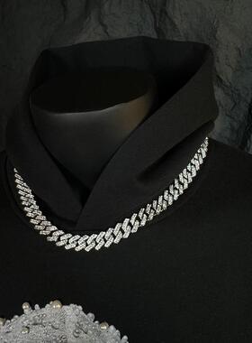 美式街头嘻哈潮流14mm古巴链男痞帅轻奢高级感配饰hiphop镶钻项链