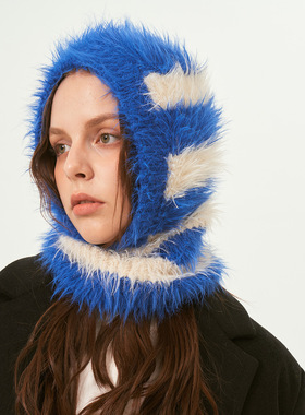 原创设计小众款条纹仿貂毛针织巴拉克拉法帽套头毛线帽个性冷帽