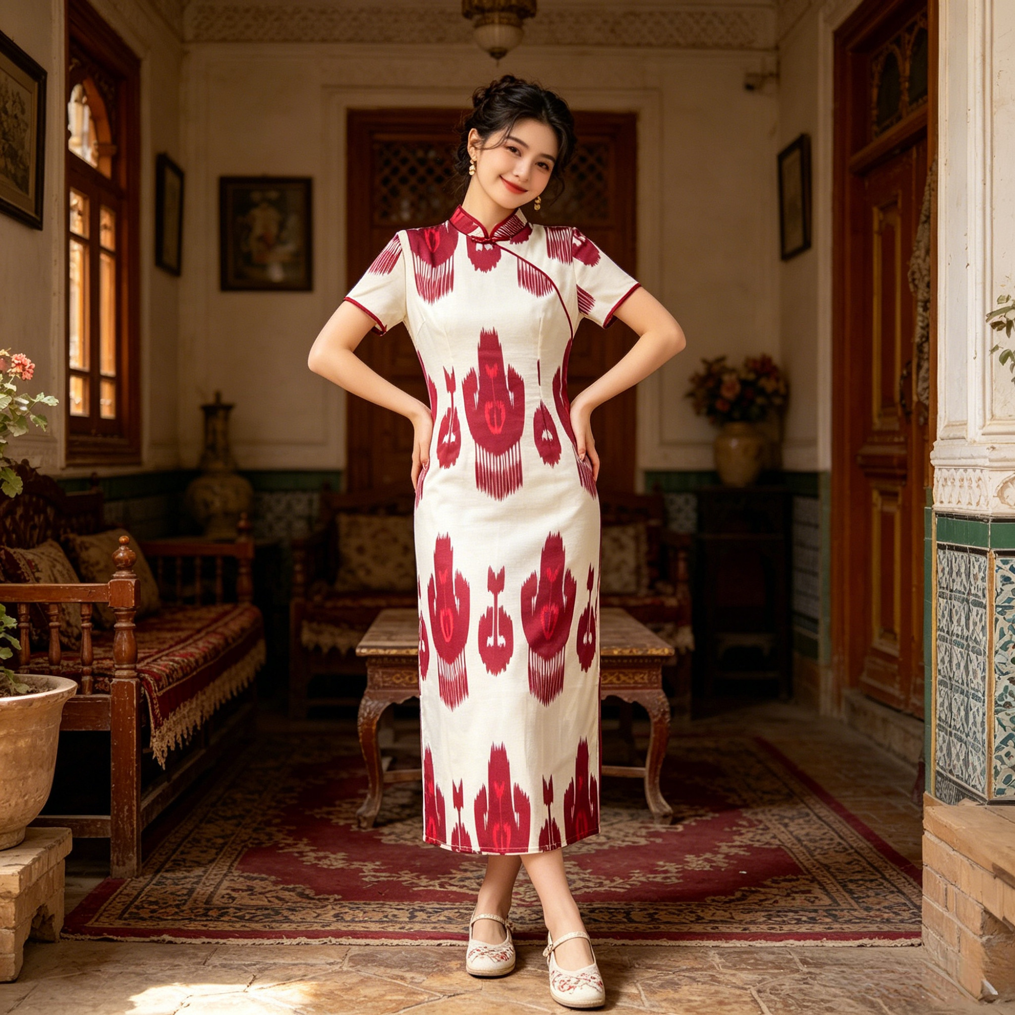 中国风改良旗袍连衣裙女夏修身显瘦气质长款印花裙新疆艾德莱斯裙