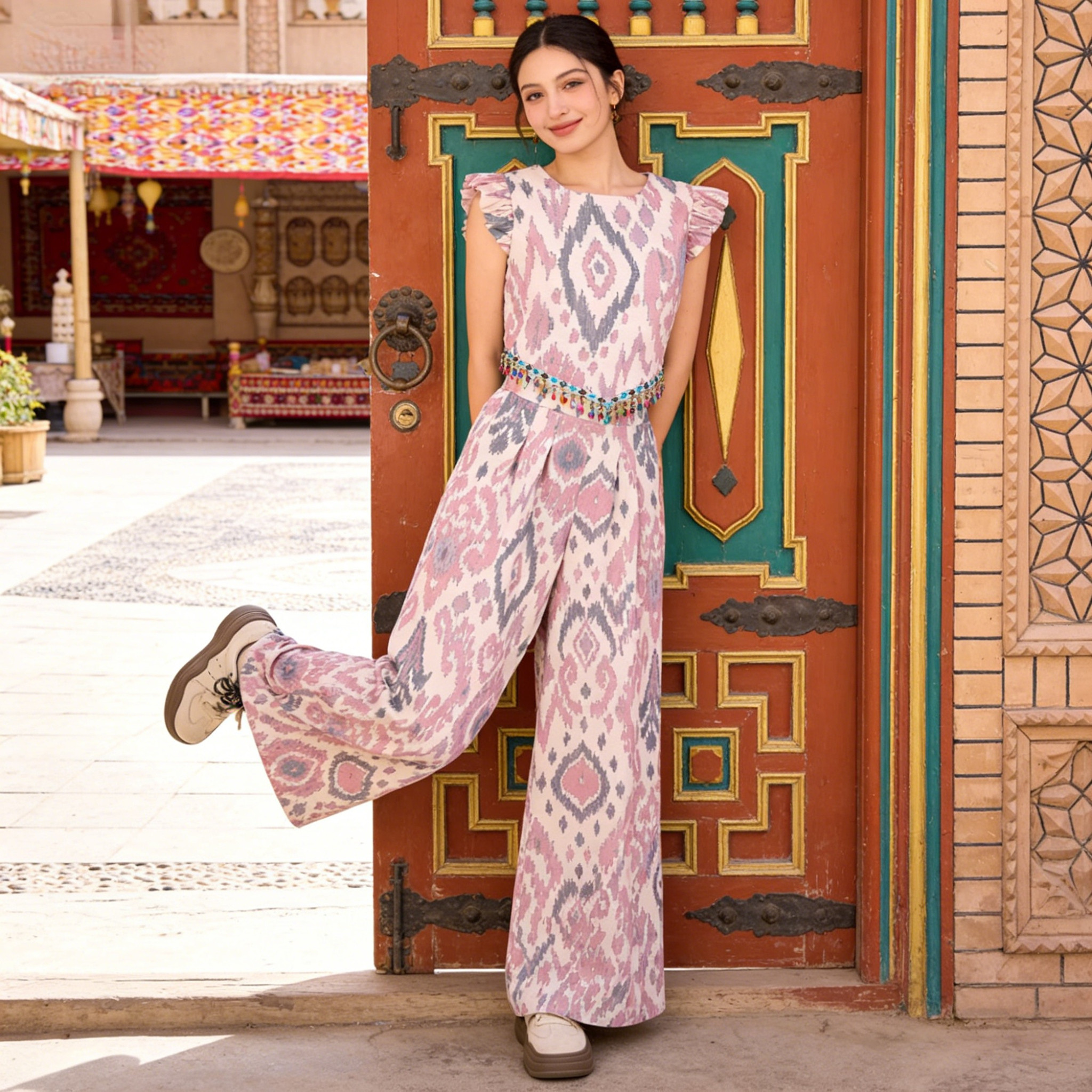 新疆民族风服装女套装复古印花长裤两件套旅游纪念品艾德莱斯服装