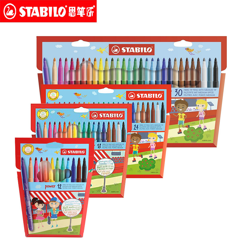 德国思笔乐stabilo280动力乐水彩笔12 24 30色可水洗大容量拔盖不易干枯墨水透气笔帽儿童填色水彩画笔