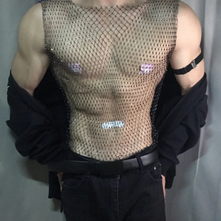 烫钻性感辣弟背心上衣夜店蹦迪透视百搭闪钻渔网T恤网格男潮修身