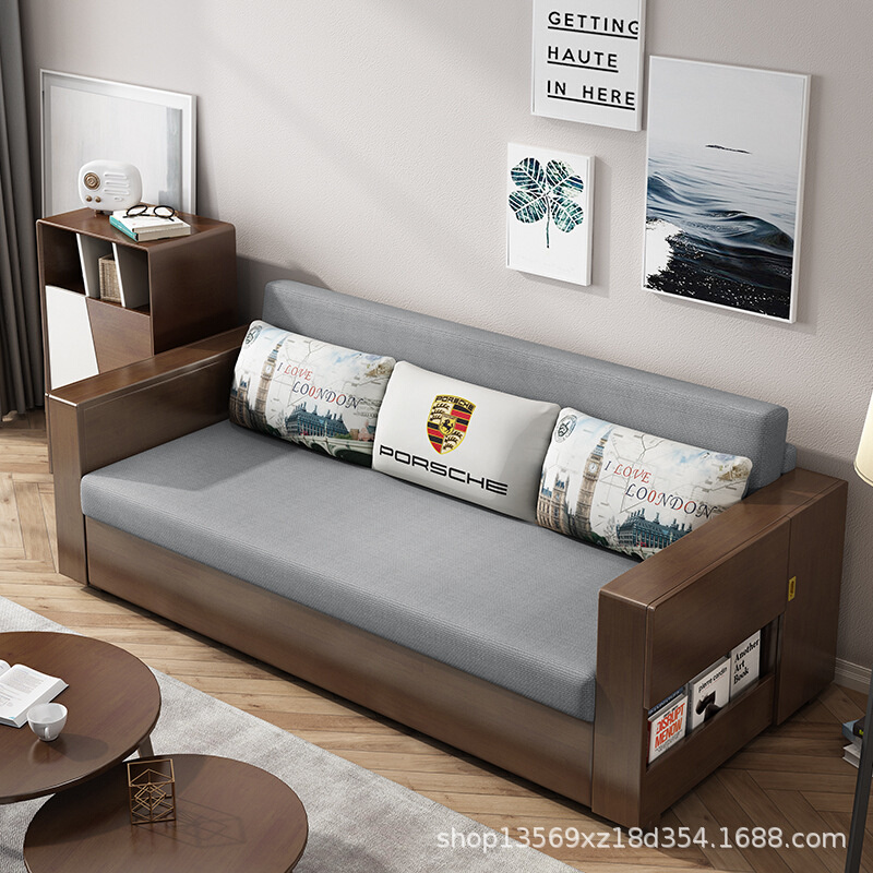 北欧实木沙发床可折叠小户型双人贵妃多功能储物布艺沙发坐卧两用