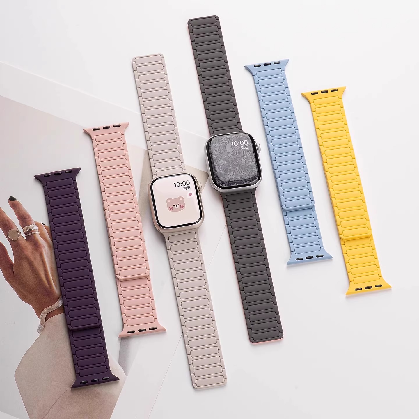 适用iWatch10手表表带新款S9三株硅胶磁吸表带applewatch夏天运动