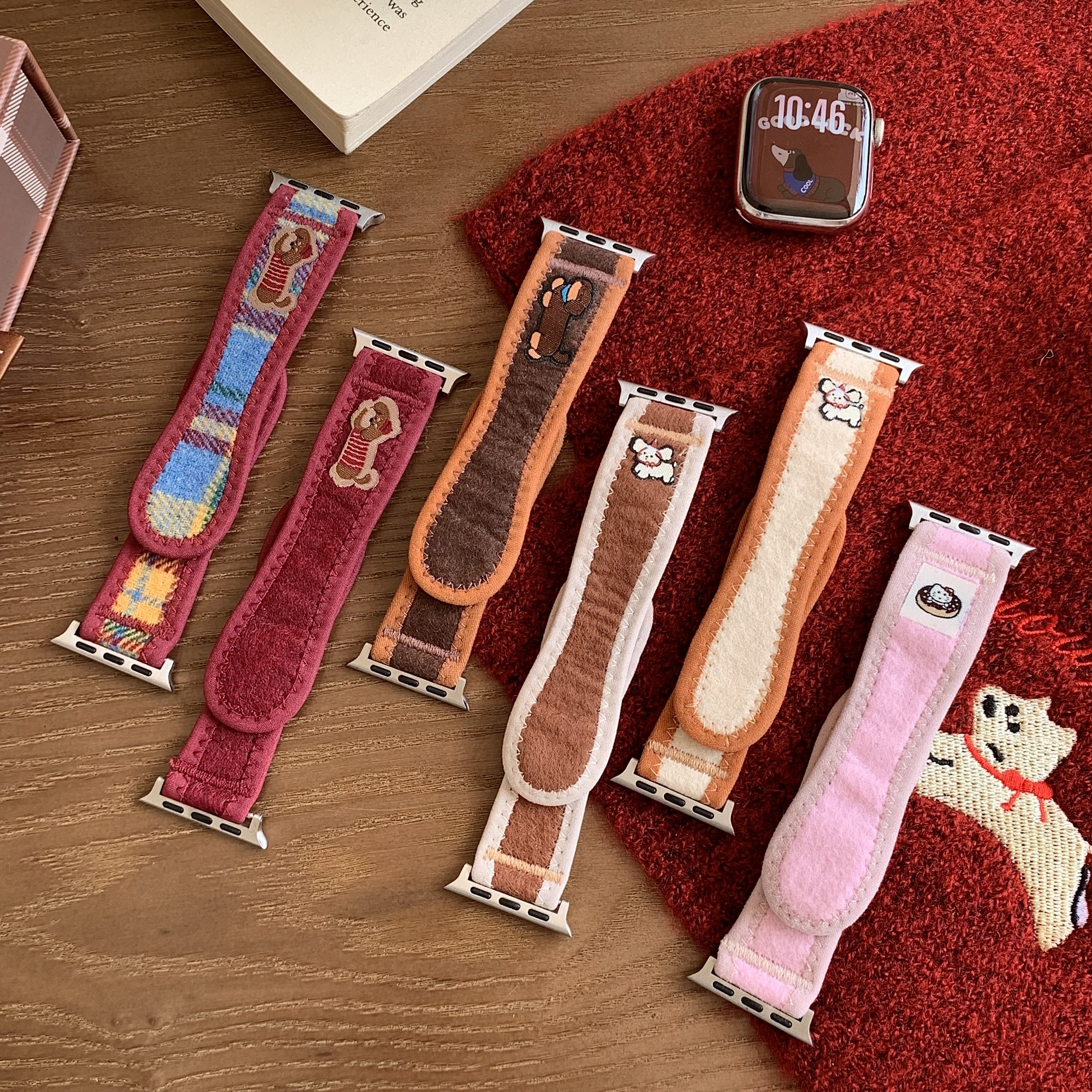 秋冬魔术贴绒布插画适用苹果手表s11代iwatch10表带applewatch9女