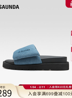 莱尔斯丹YOUNG夏季新款休闲厚底牛仔布魔术贴一字拖女凉鞋5M29105