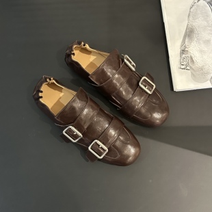 植鞣牛皮复古英伦风巴洛克圆头一脚蹬女单鞋 2026早春新款 YUAN