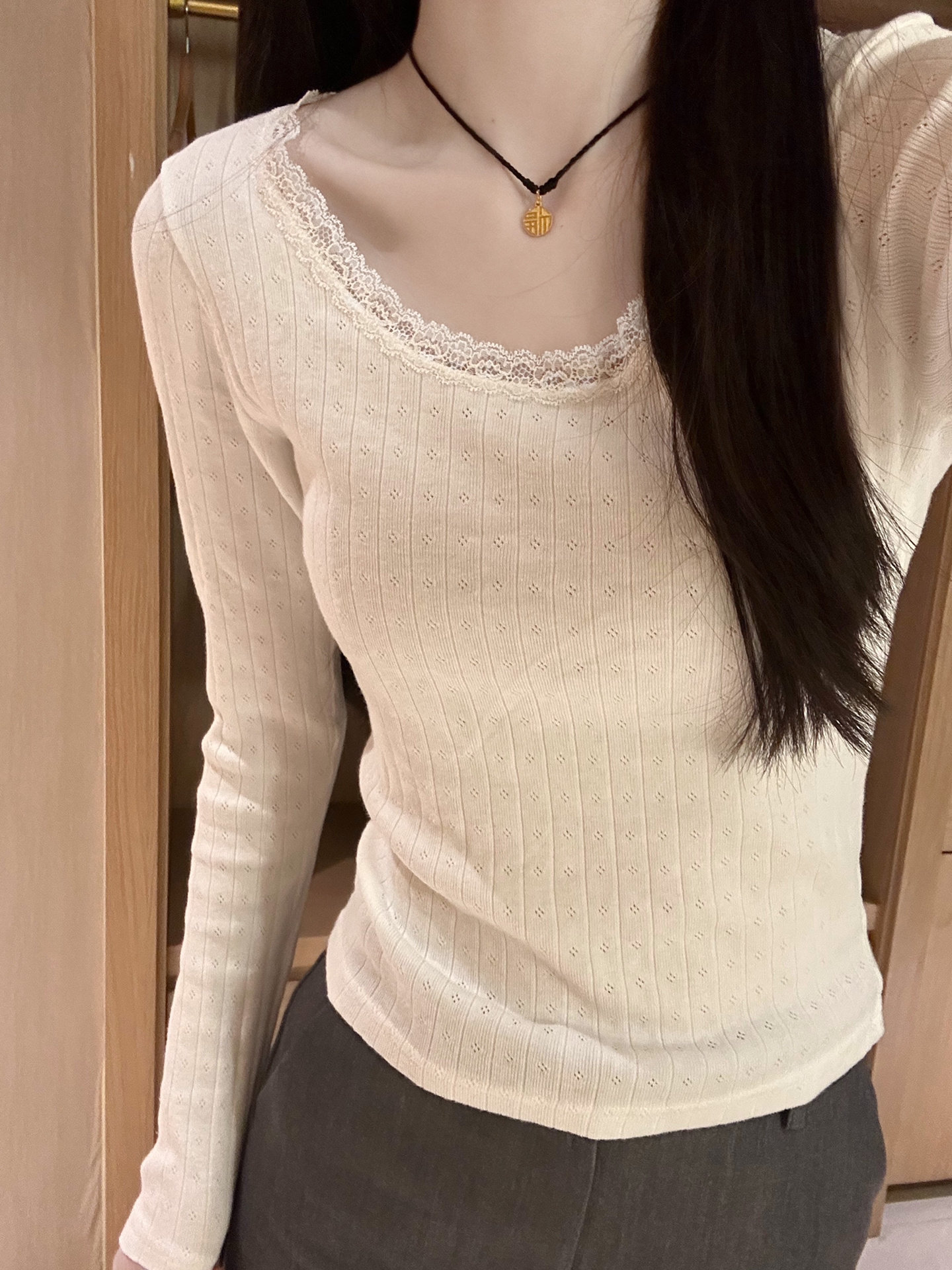 BM风brandy同款春季新品百搭白色洋气蕾丝拼接上衣长袖打底衫女装