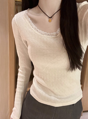 BM风brandy同款春季新品百搭白色洋气蕾丝拼接上衣长袖打底衫女装