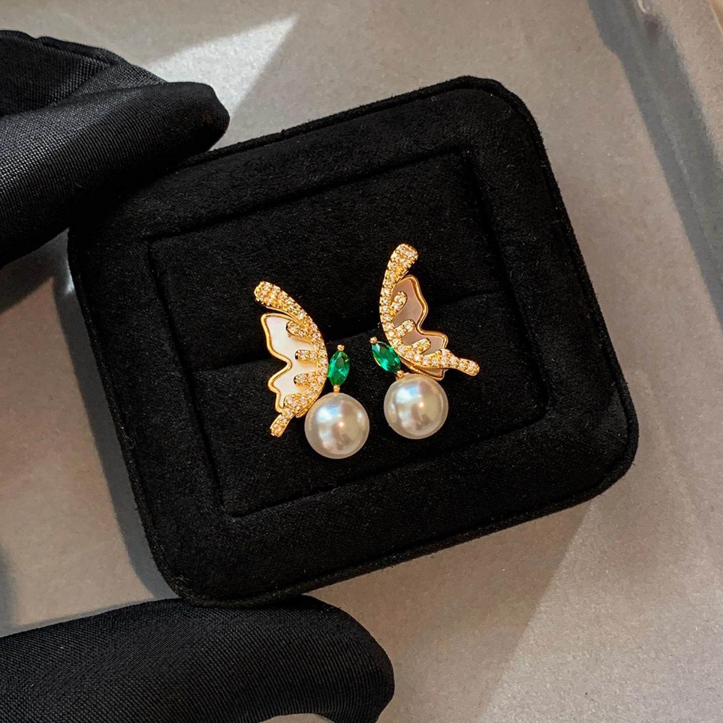 天然贝母法式绿色钻石蝴蝶珍珠耳钉女轻奢高级感气质时尚耳环耳饰