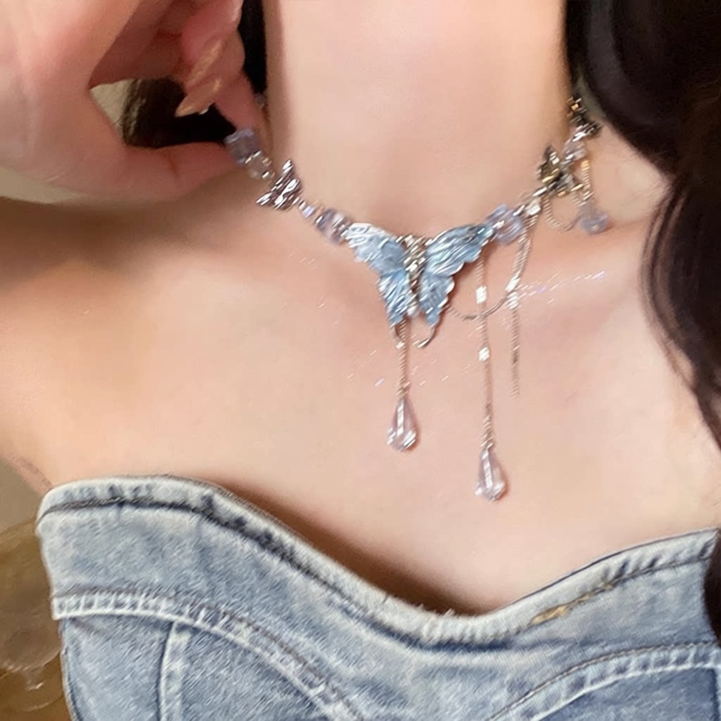 韩系重工款蓝色水晶蝴蝶项链女长款流苏小众高级感锁骨链颈链