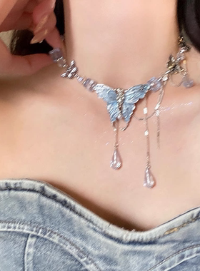 韩系重工款蓝色水晶蝴蝶项链女