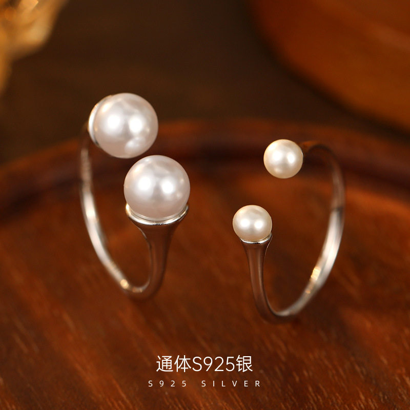 高级感S925银法式时髦双珍珠开口