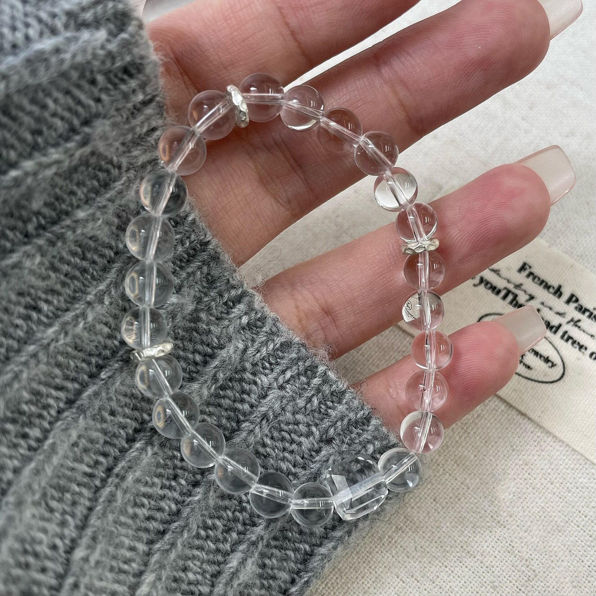 S925纯银透明玻璃水晶串珠手链手