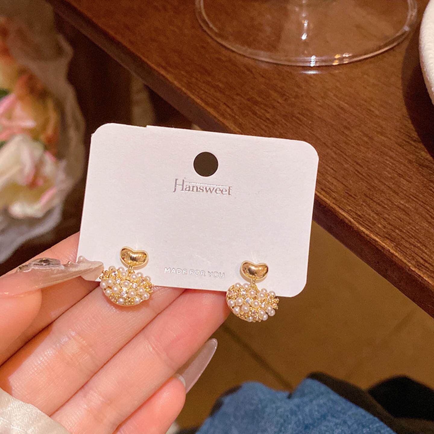 爆闪精致镶钻珍珠花朵吊坠耳环女轻奢小众高级感简约气质桃心耳钉