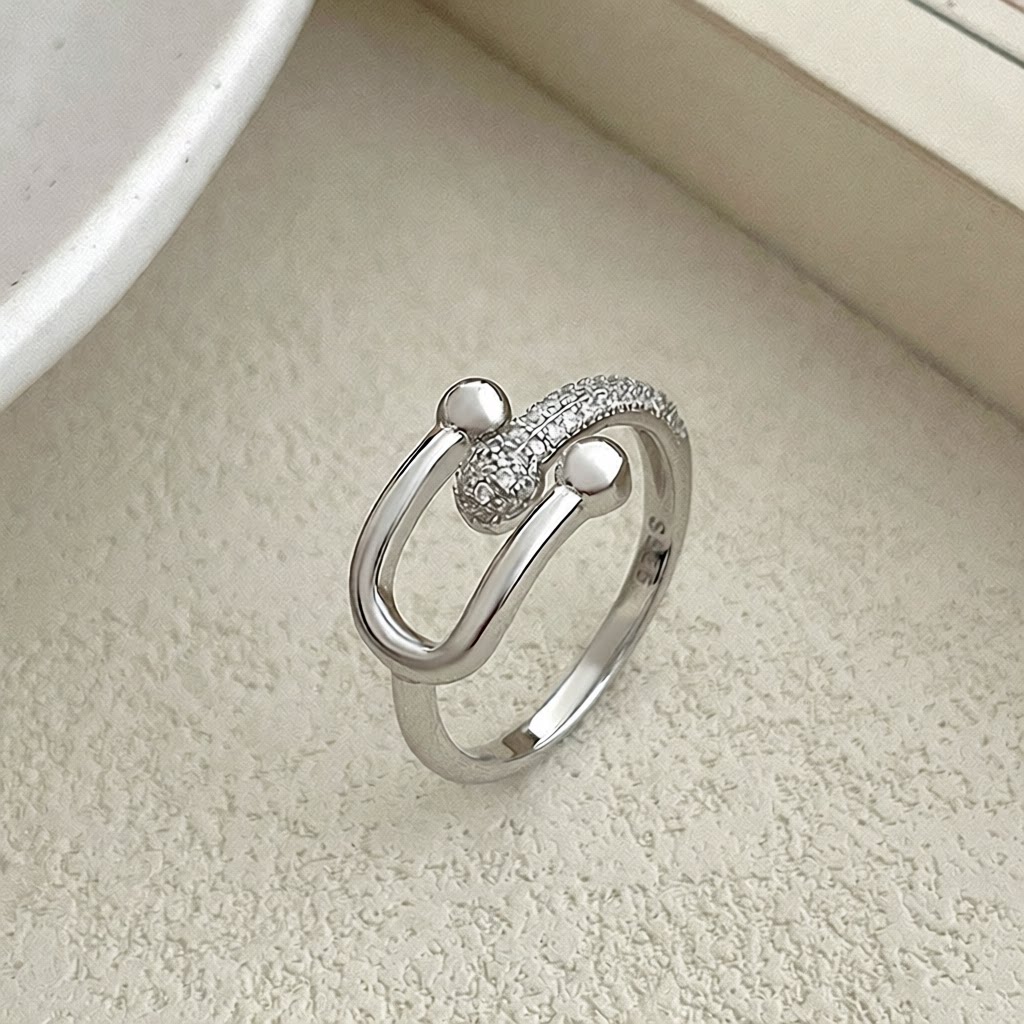 S925银博主款重工马蹄镶钻戒指女