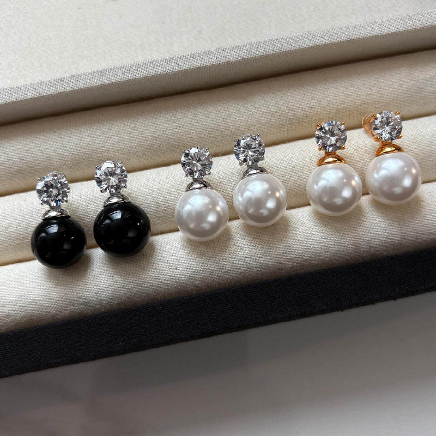 法式澳白真多麻灰色大珍珠镶钻耳钉女轻奢小众高级感耳环耳饰