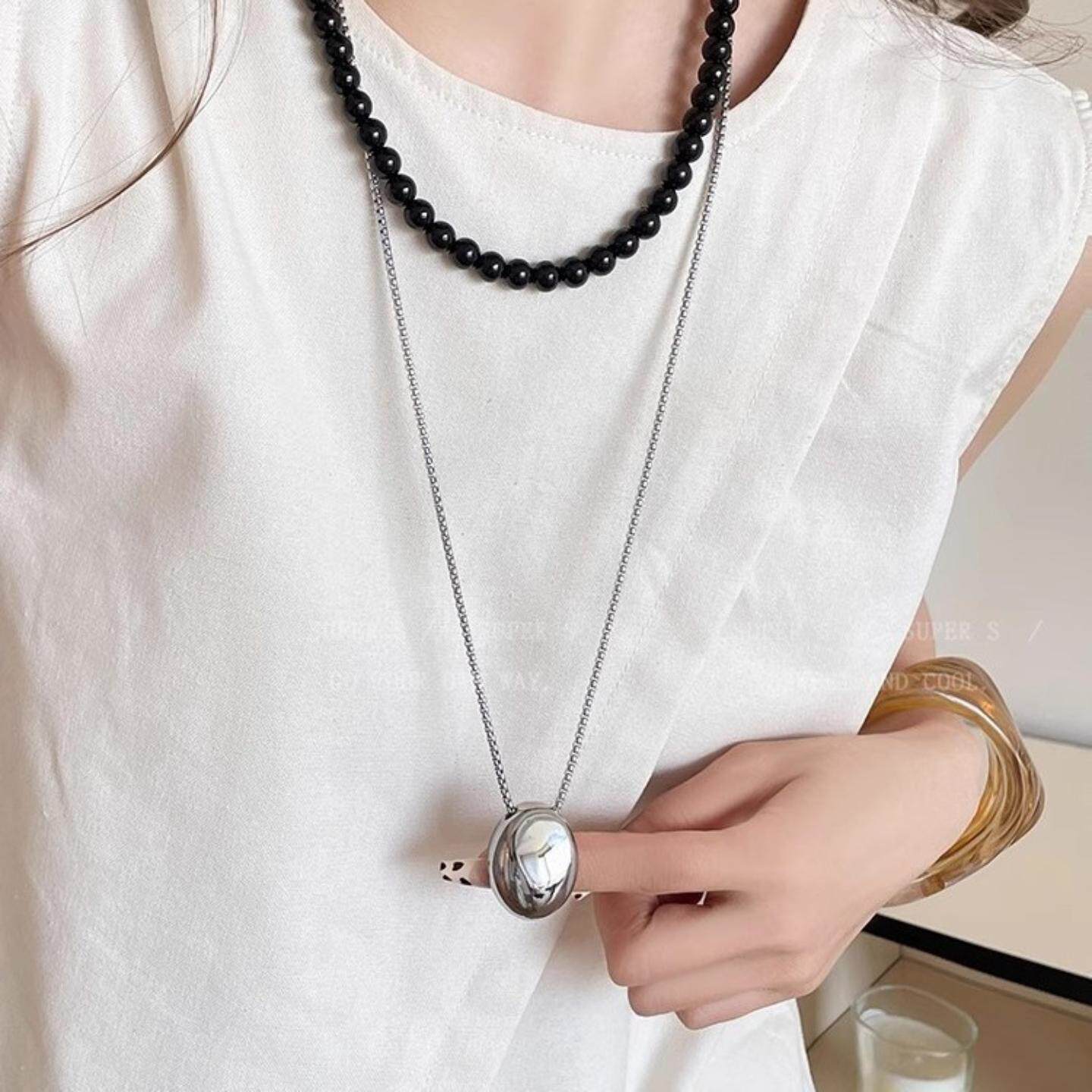 欧美爆款钛钢水滴形小豆豆吊坠项链女长款毛衣卫衣链韩系颈链