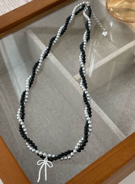 S925纯银双层玛瑙珍珠蝴蝶结锁骨