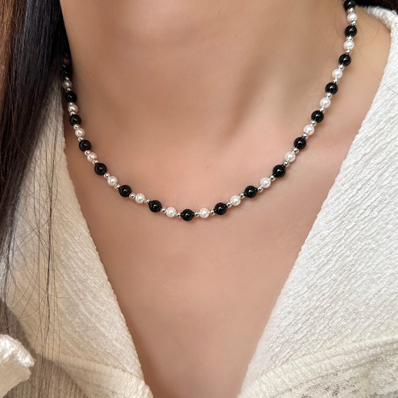 S925纯银黑玛瑙串珠项链女简约百