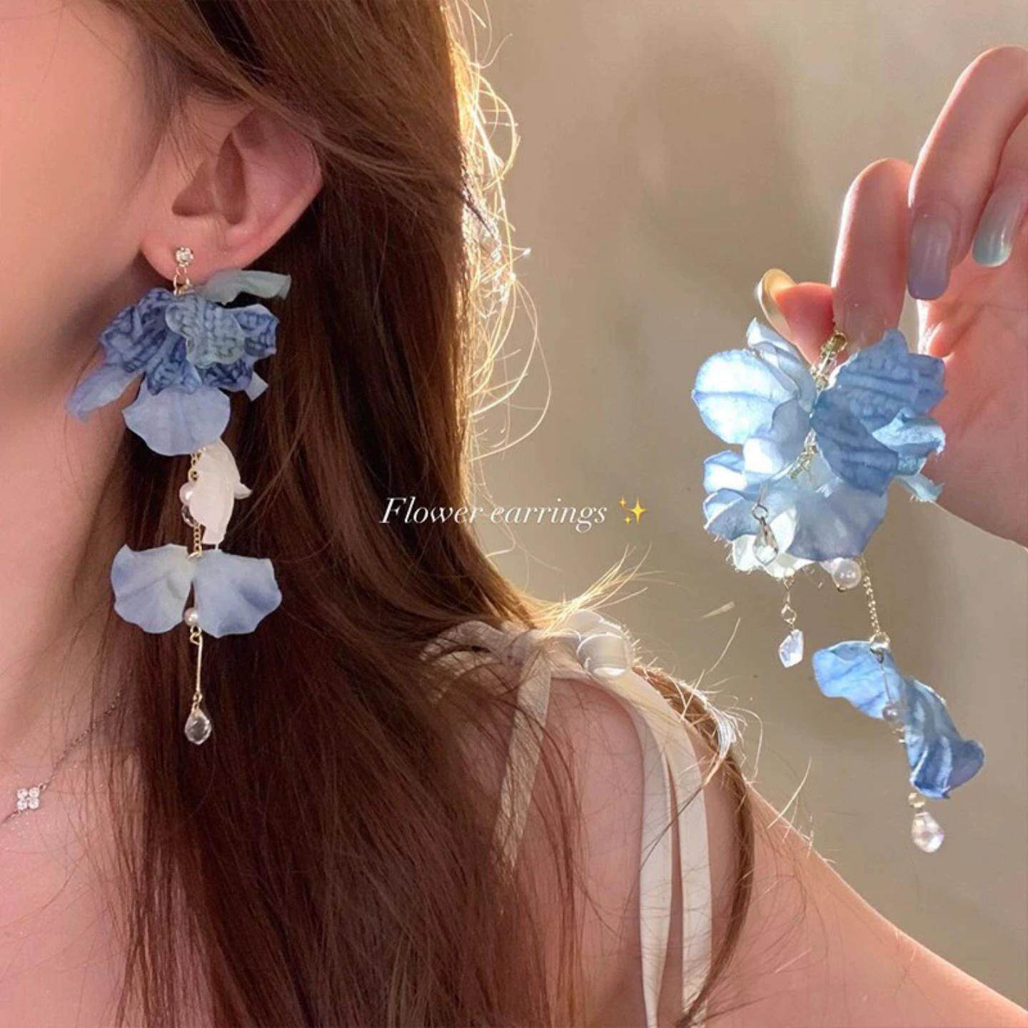 超仙蓝色流苏花朵耳环女高级感