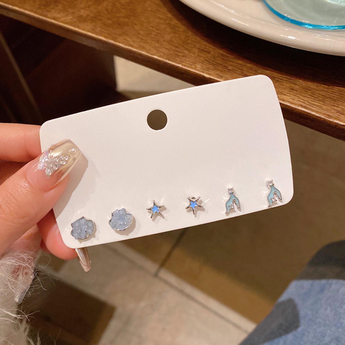 海边度假风蓝色小碎钻贝壳鱼尾耳环女养耳洞套装小耳钉小清新耳饰