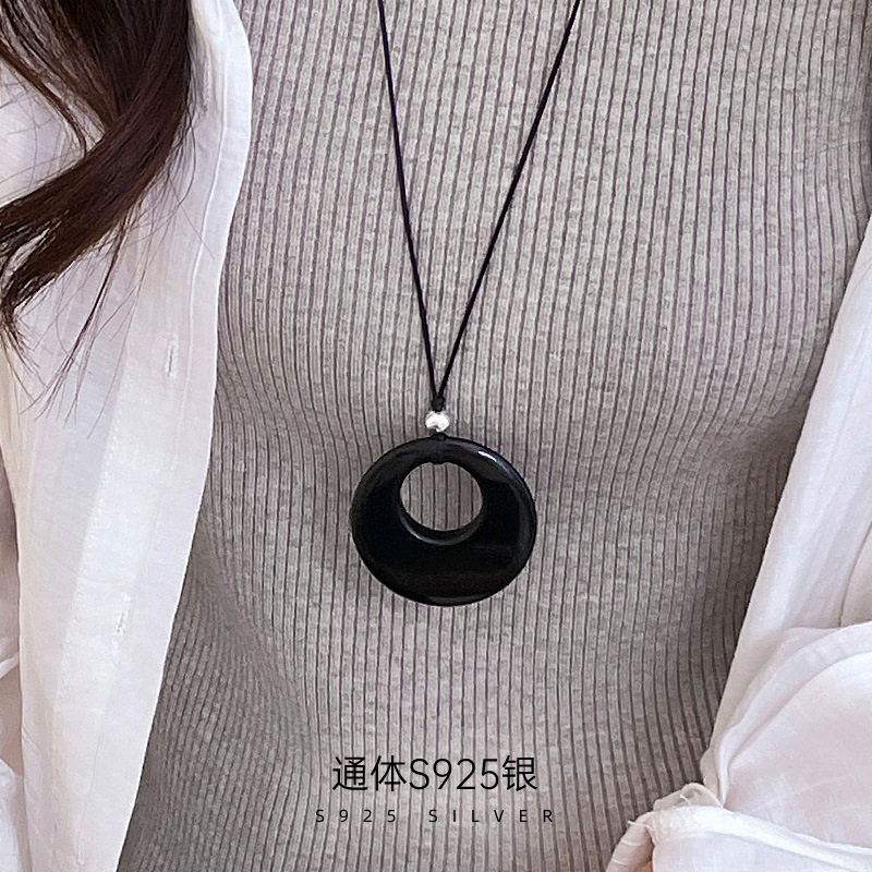高级感S925银黑曜石爆款毛衣链女
