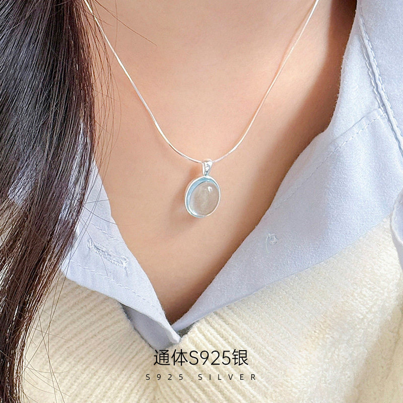 高级感S925银椭圆海蓝宝月光石项
