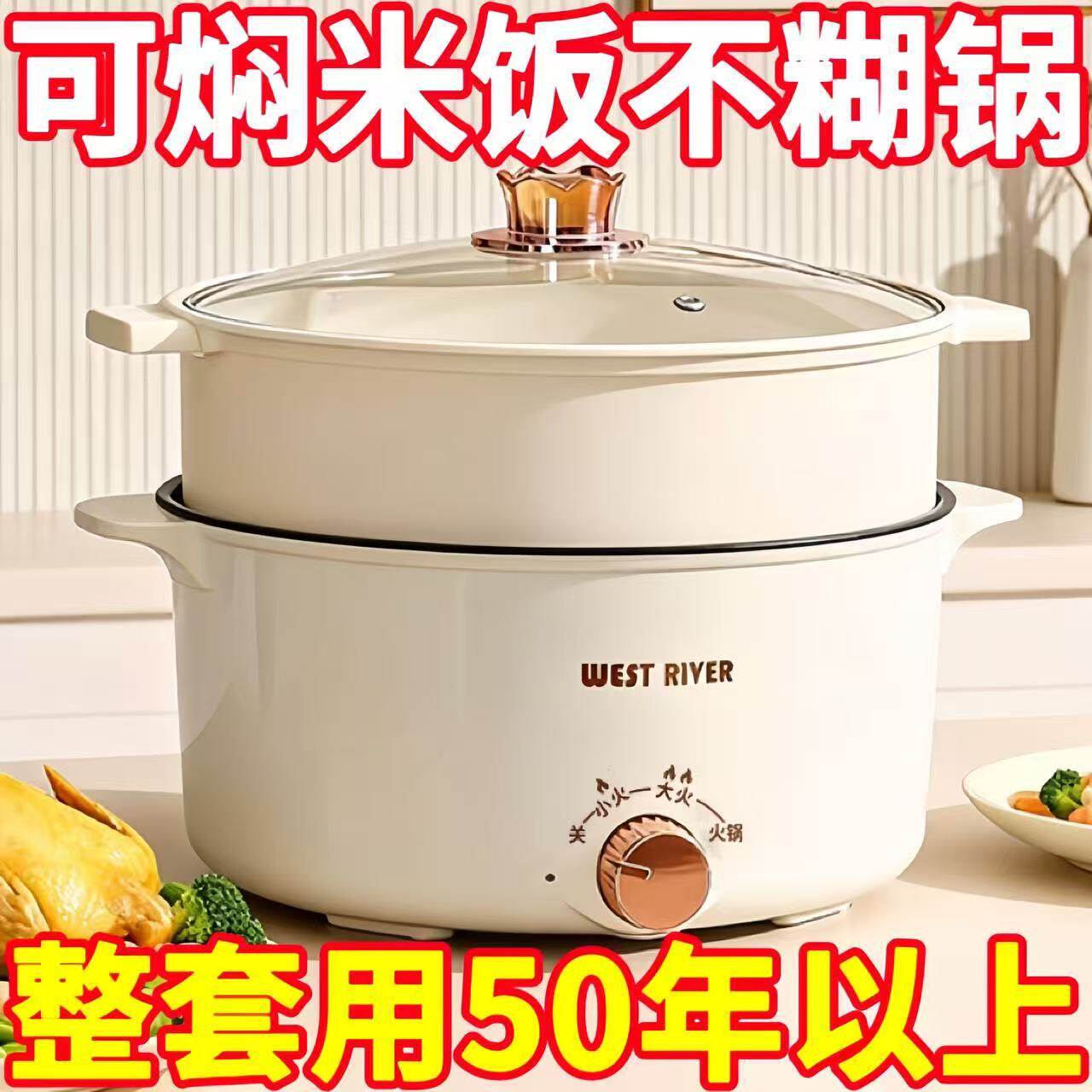 爆款热卖多功能电煮锅家用蒸煮一体电炒锅学生宿舍电火锅烹饪神器