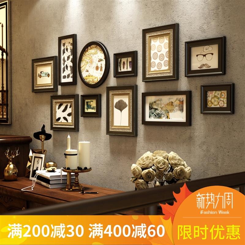 欧式复古实木照片墙相框墙餐厅酒店挂墙装饰画美式沙发背景墙画框图片