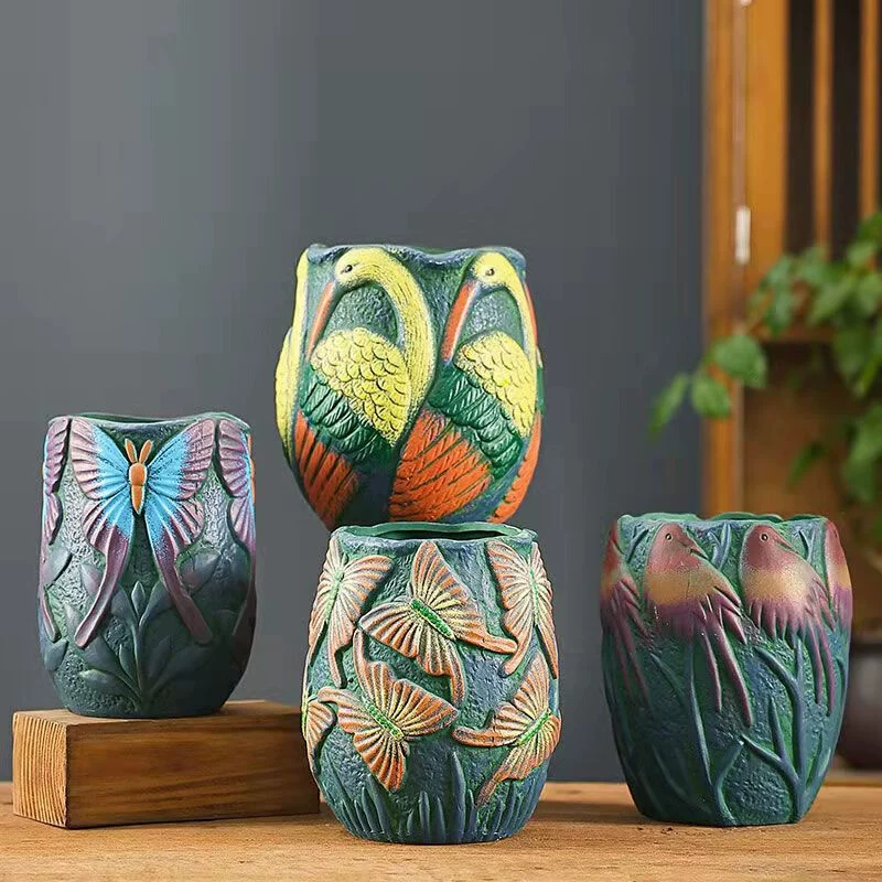 Ceramic big flowerpot, painted resin decor
