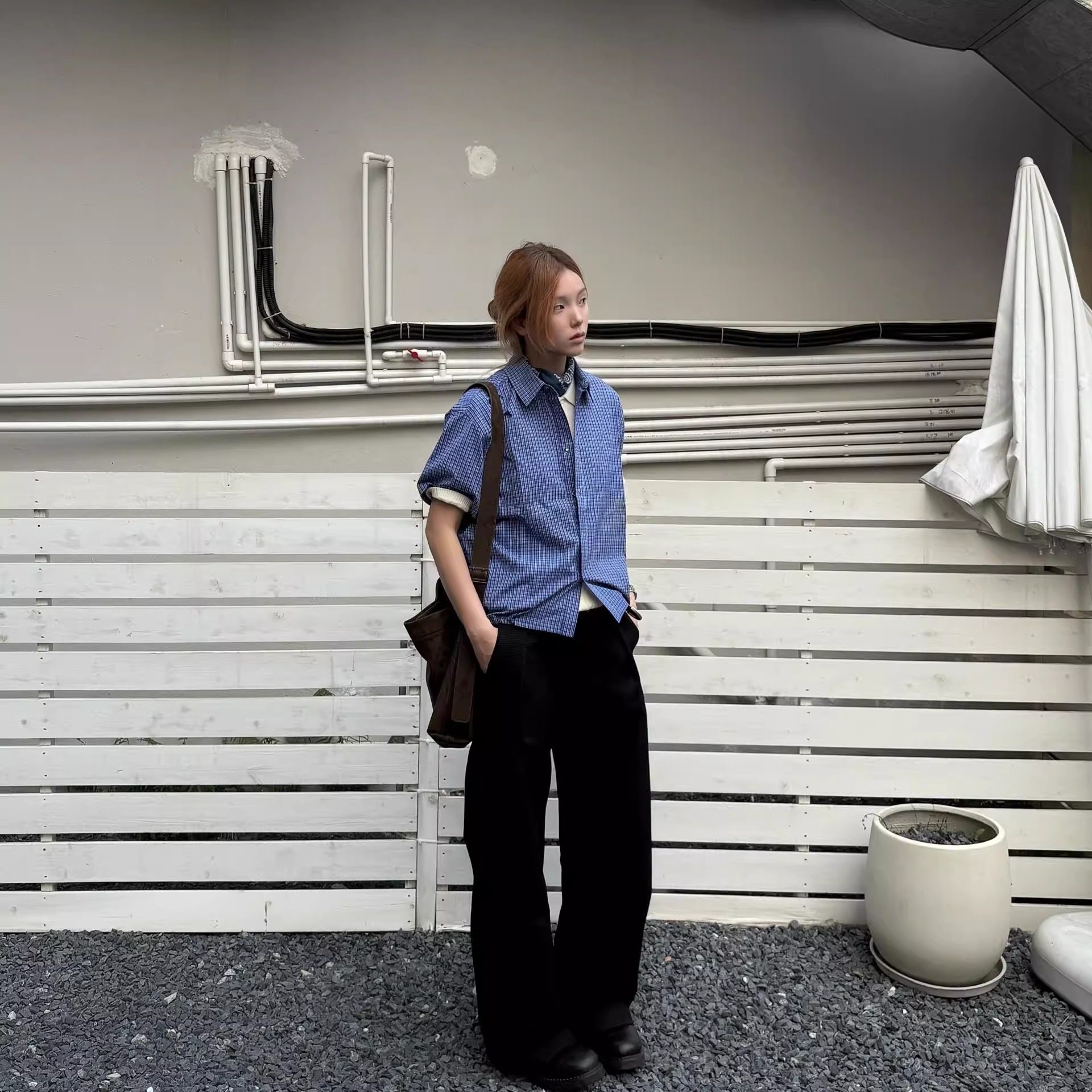 wonder1v 「Royal Blue」蓝色格纹抽绳短袖衬衫cleanfit夏百搭男