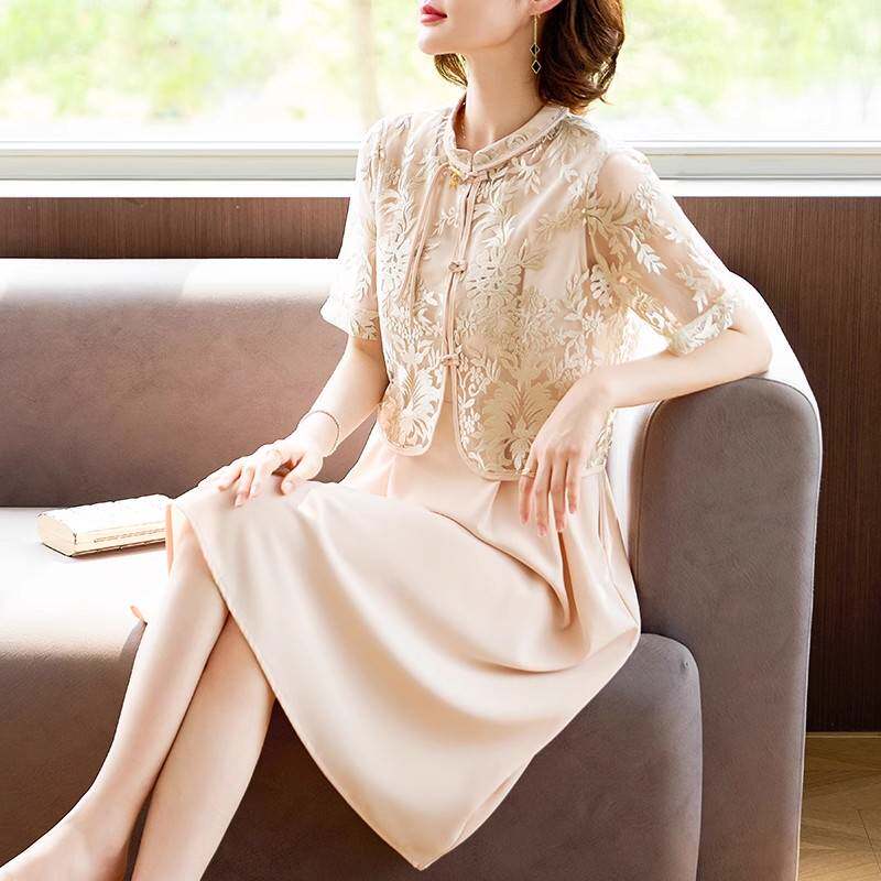 声雨竹五十多岁妈妈夏装国风桑蚕丝连衣裙洋气套装裙中老年女短袖