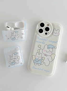 适用于苹果Ipone11Pro天使兔手机壳13Pro可爱个性11亚克力耳机壳12Pro蓝色套装12ProMax简约兔子16Pro新颖