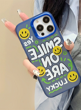 适用于苹果Ipone14ProMax蓝色手机壳11吸睛活力16ProMax小众时尚12ProMax笑脸百搭14Pro文化字母11Pro潮流